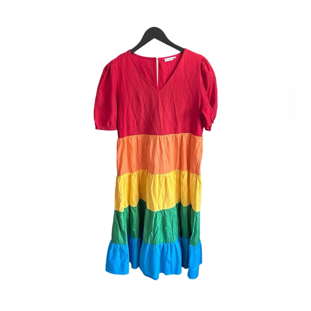 Little Party Dress Rainbow Tiered Puff Sleeve Midi Dress w/ Pockets AU 10 / US 6